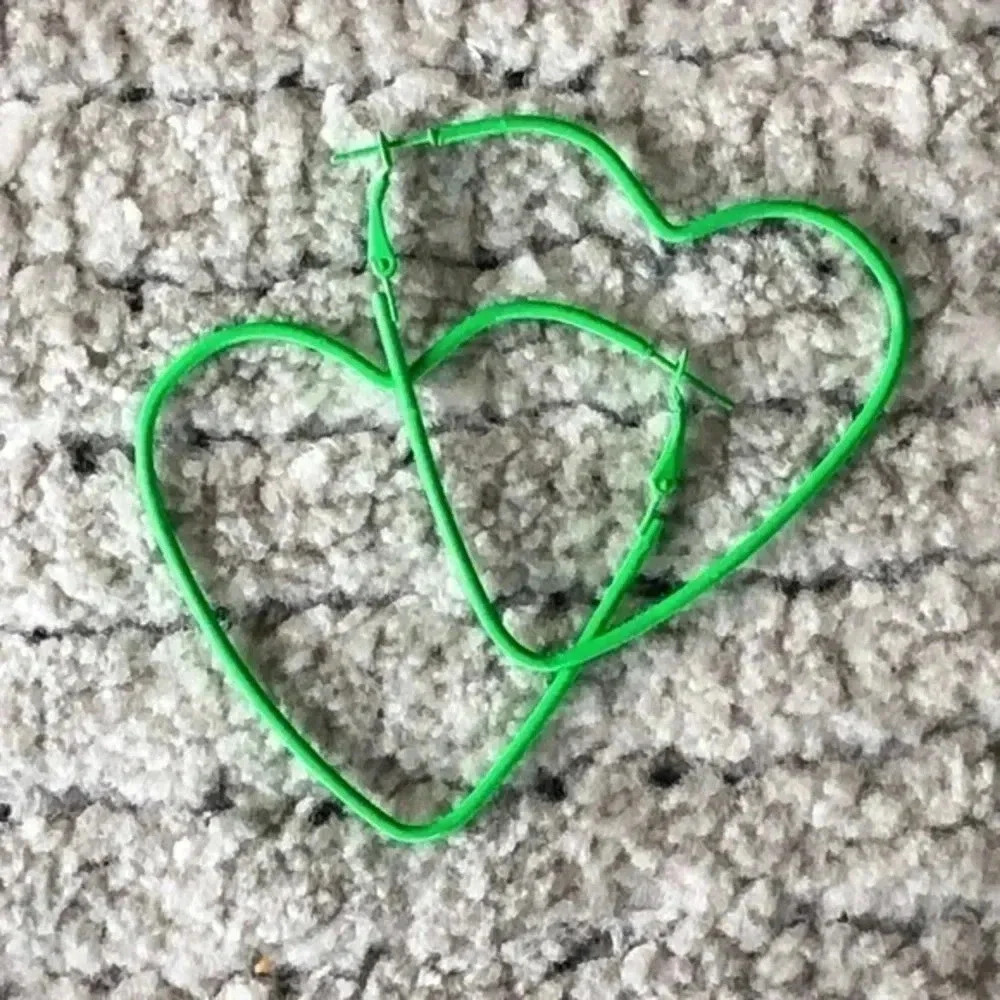 Neon Green Retro 80’s Large Stainless Steel Heart Shaped Hoop Earrings NWT